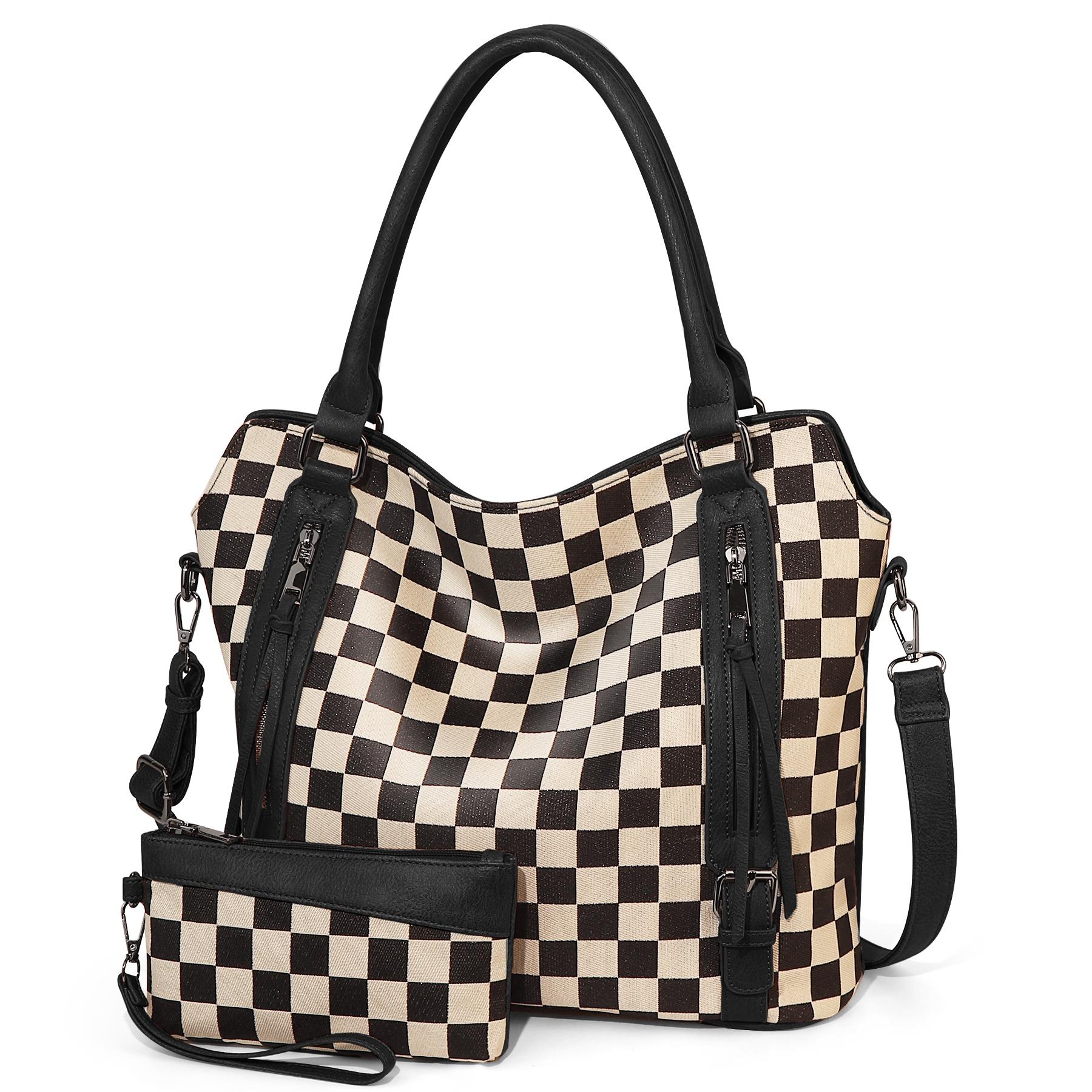 Large Checkered Tote Bag for Women, Vintage Hobo Bags for Women, Multiple Pockets Tote Handbags, Water Repellent Shoulder Bag