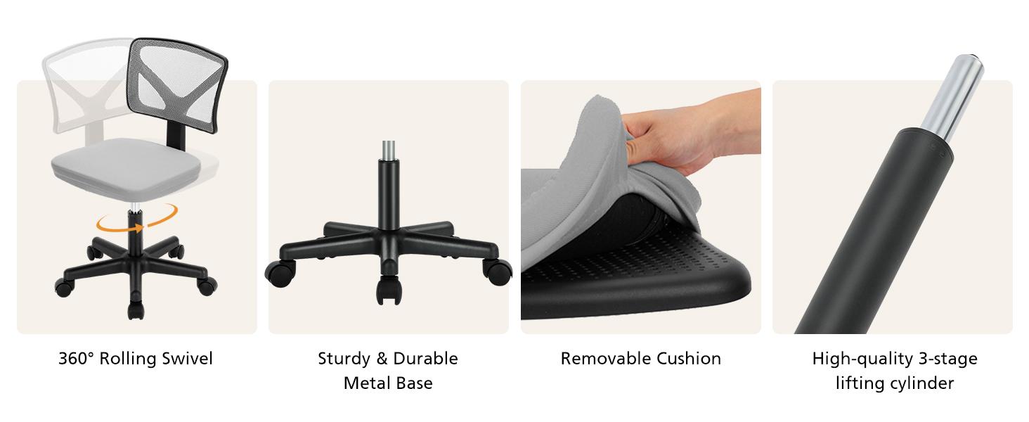 Furnest Furniture Indoor Furniture Chair Height Adjustable Armless Low Back with 360° Rolling Swivel Wheels for Small Space, Office, Bedroom