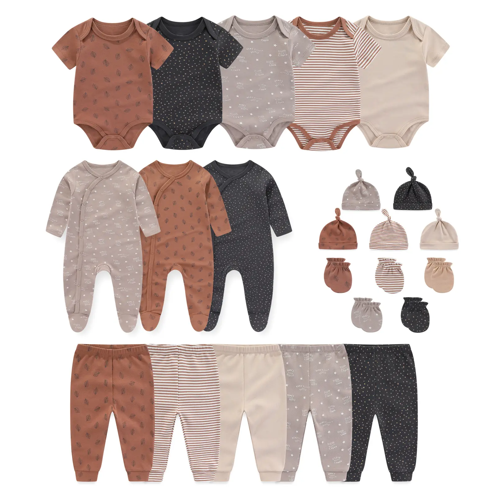 Kiddiezoom 23Piece Newborn Baby Gift Set 100%Cotton 5 Bodysuits 5 Pants 3 Rompers 5 Hats 5 Mittens