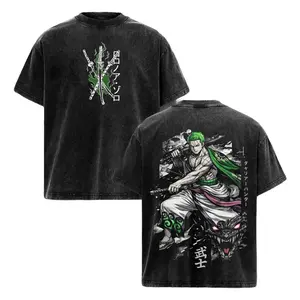 Heavyweight fabric acid-washed distressed trendy short-sleeve tee printed with anime ronin Zoro, featuring double-sided prints of classic Japanese kanji and three swords, a must-have collectible gift for manga series fans