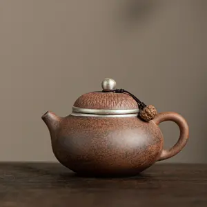 Retro Chinese‑style Lying‑Silver Small Pear‑Shaped Yixing Zisha Old‑Rock‑Clay Teapot, suitable for gongfu tea brewing, serves 1–2 people