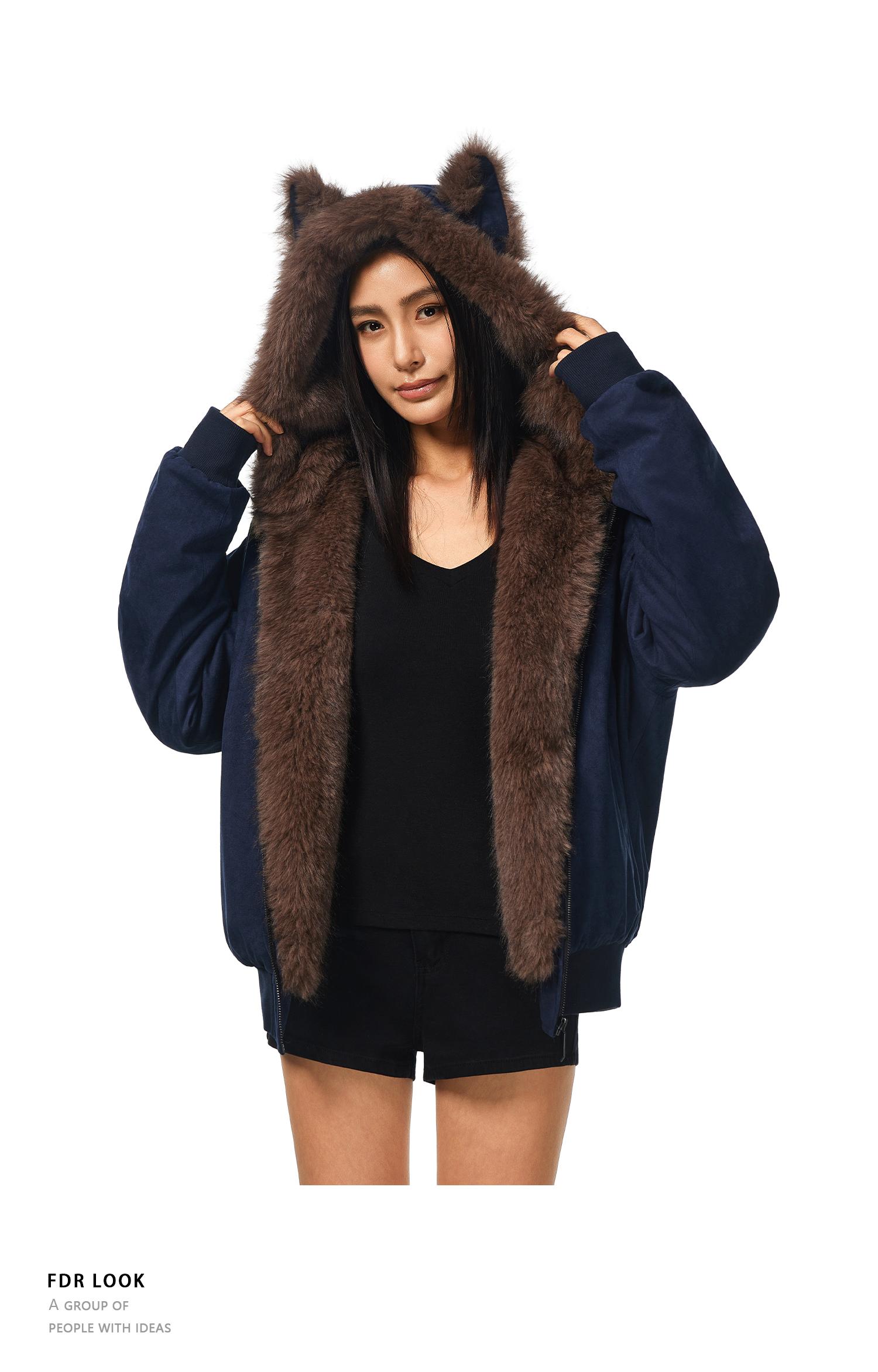 FDR Oversized Faux Suede Cozy Jacket with Cat Ears & Leopard Print Soft Warm Faux Fur Lining Unisex  Womenswear Sweatshirts Fall Fashion Coat Winter Outfits