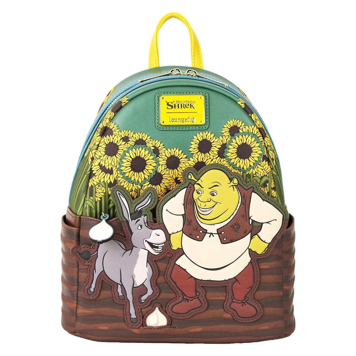 Loungefly Dreamworks Shrek & Donkey Graphic Vegan Leather Mini Backpack, Basic Casual Cute Women's Luggage for Sunflower Field Themed Use, Vegan Leather Backpack