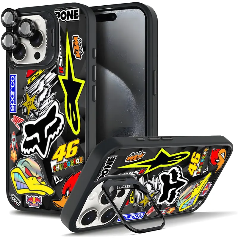 Racing Motocross Style Phone Case with Anti-Drop TPU, 4-Corner Drop Guard, Bracketed Lens, Magnetic Stand, Metal Lens Frame, Protector Film for Samsung, iPhone 17/AIR/16/15/14/13/12/11 PRO PLUS MAX (11X-L1297)