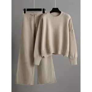 Women's 2 Pcs Sweater Set, Casual Long Sleeve Crew Neck Loose Fit Pullover Sweater & Wide Leg Pants, Fall/Winter 2 Piece Pants Set Warm Soft Cozy Knitwear, Winter Sweater Set, Loungewear Set, Knit Set for Women