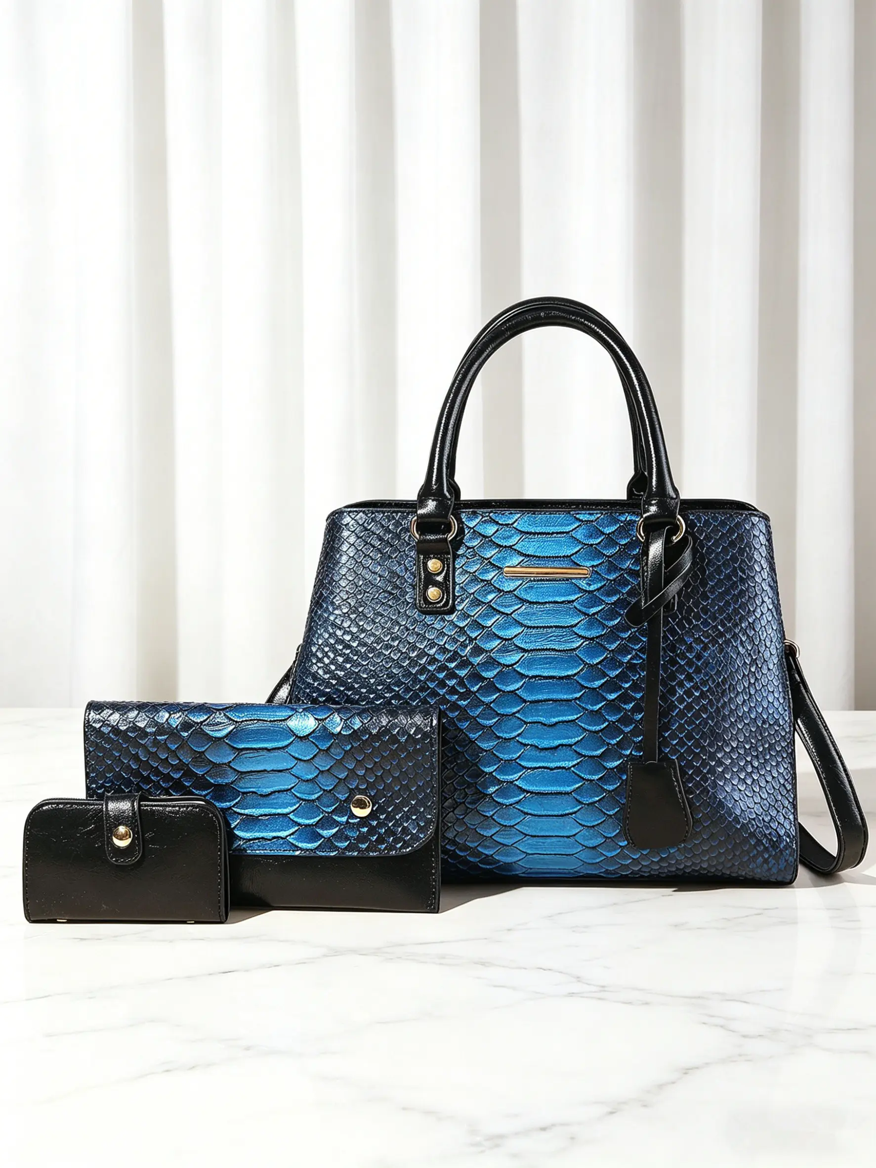 Women's 3-in-1 Satchel Handbag Set, Elegant Blue Snake Embossed Shoulder Purses with Matching Accessories for Office & Events, Handbags For Women, Formal, Snake Print, Embossed Texture, 3-In-1 Bag, Versatile Design, Elegant Women's Bags Sets