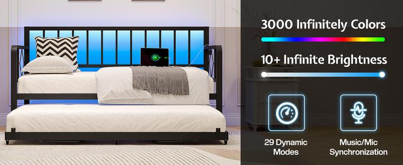 VanAcc Twin Daybed with Charging Station and LED Lights, Versatile Bed Frame with Steel Slats Support, Daybed with Trundle for Living Room, Bedroom, Guest Room