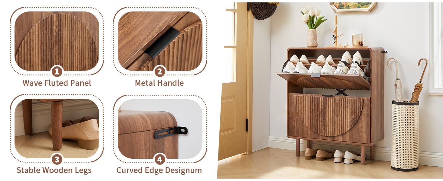 Giratree Modern Wooden Shoe Cabinet for Entryway, Slim 2-Tier Flip Drawers with Hidden Storage, Freestanding Narrow Shoe Organizer, Elegant Half-Moon Fluted Design, Perfect for Hallway or Small Apartments
