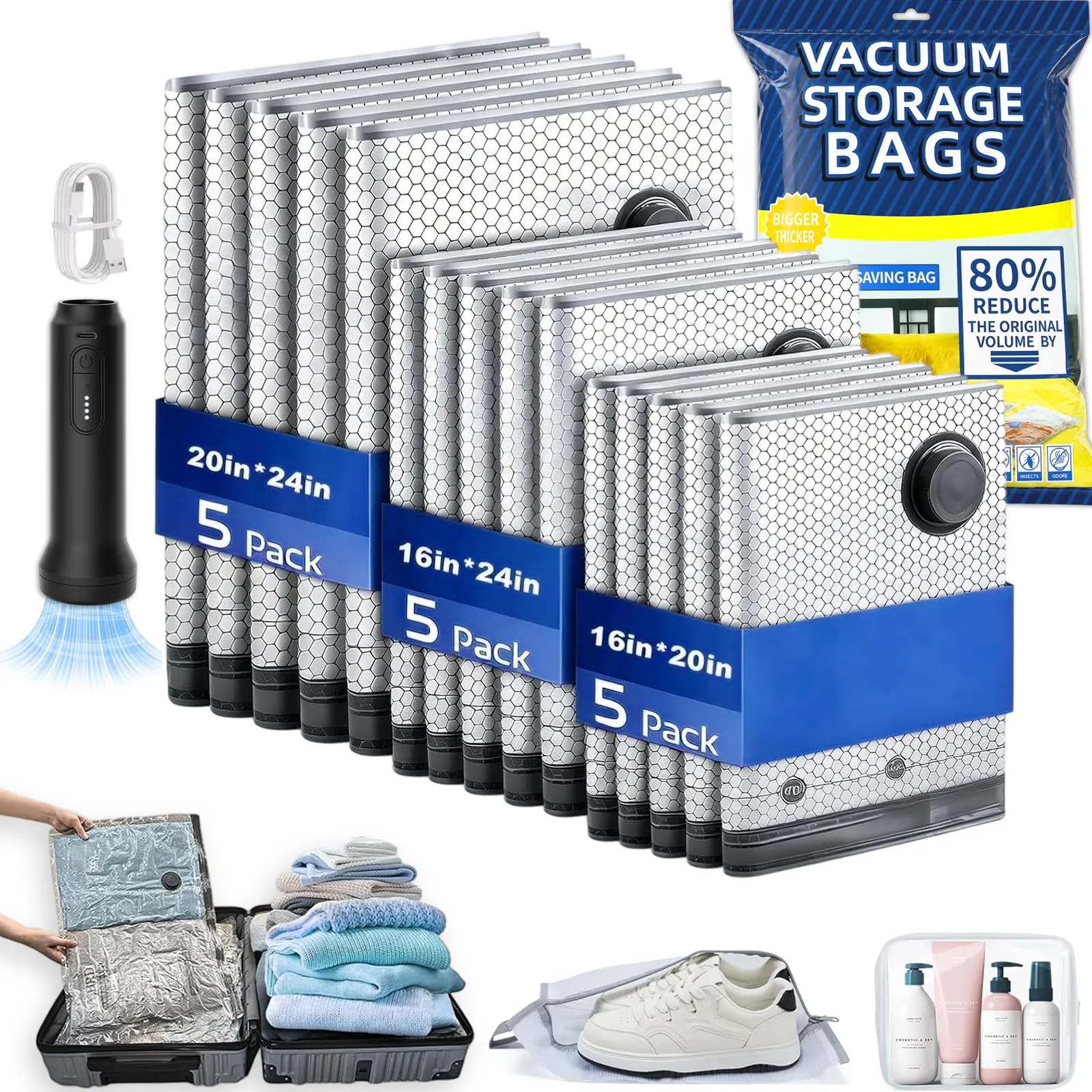 15pcs Reusable Vacuum Compression Storage Transportation Bag Set with Rechargeable Wireless Pump, Resealable Pouches Pack for Travel Clothing & Home Bedding Storage