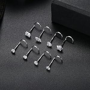 Fansilver 8 count 20G Nose Rings Studs for Women Men Star Marquise Heart Square Round Shaped CZ Nose Stud L Shape Nose Ring Body Piercing Jewelry