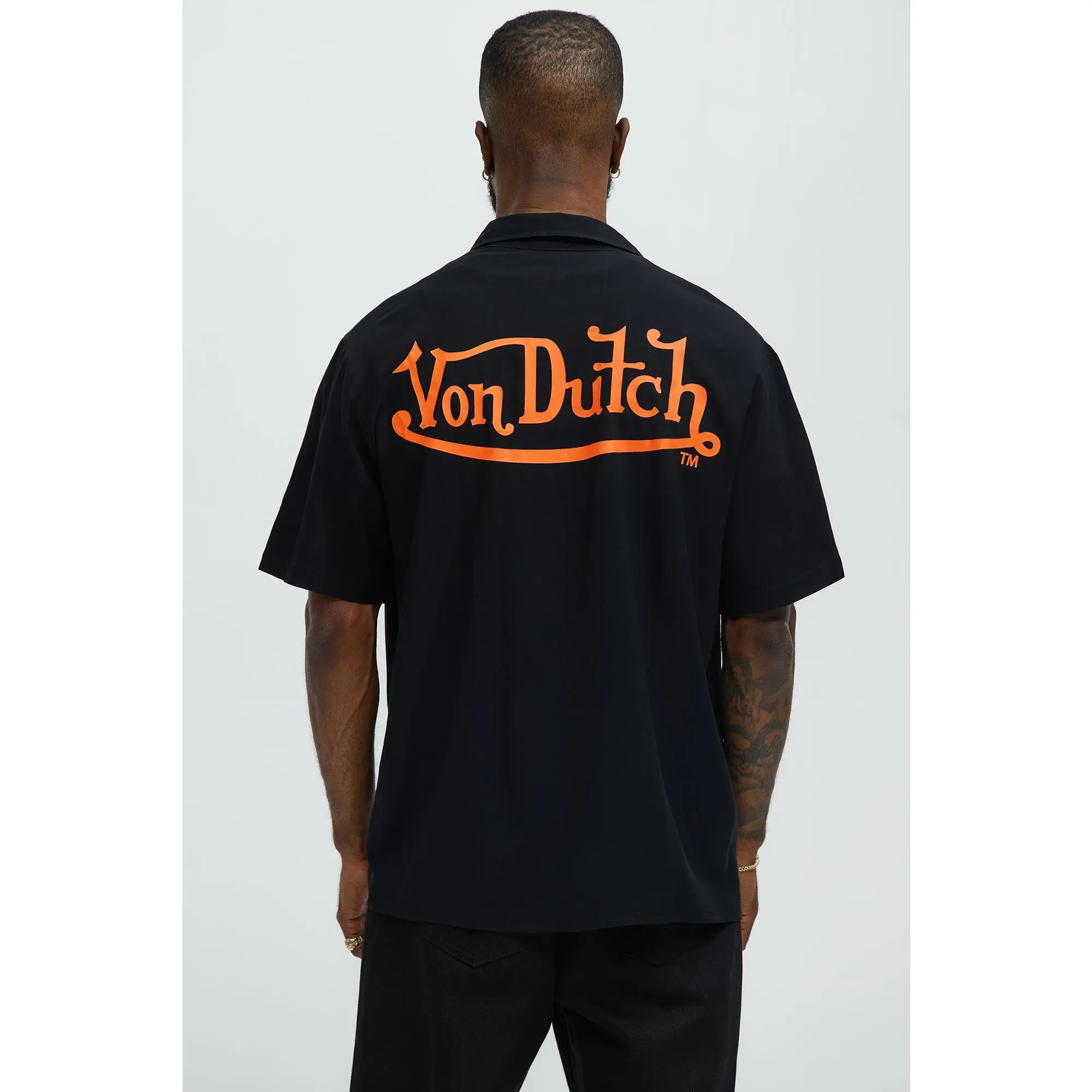 Von Dutch Front And Back Graphic Short Sleeve Button Up Shirt - Black