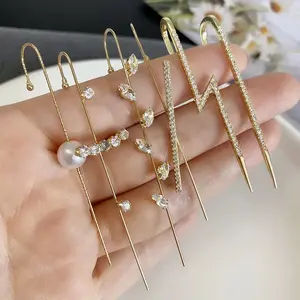 6Pcs Ear Wrap Crawler Hook Earrings, Crystal Long Piercing, Exaggerate Wrap Climber