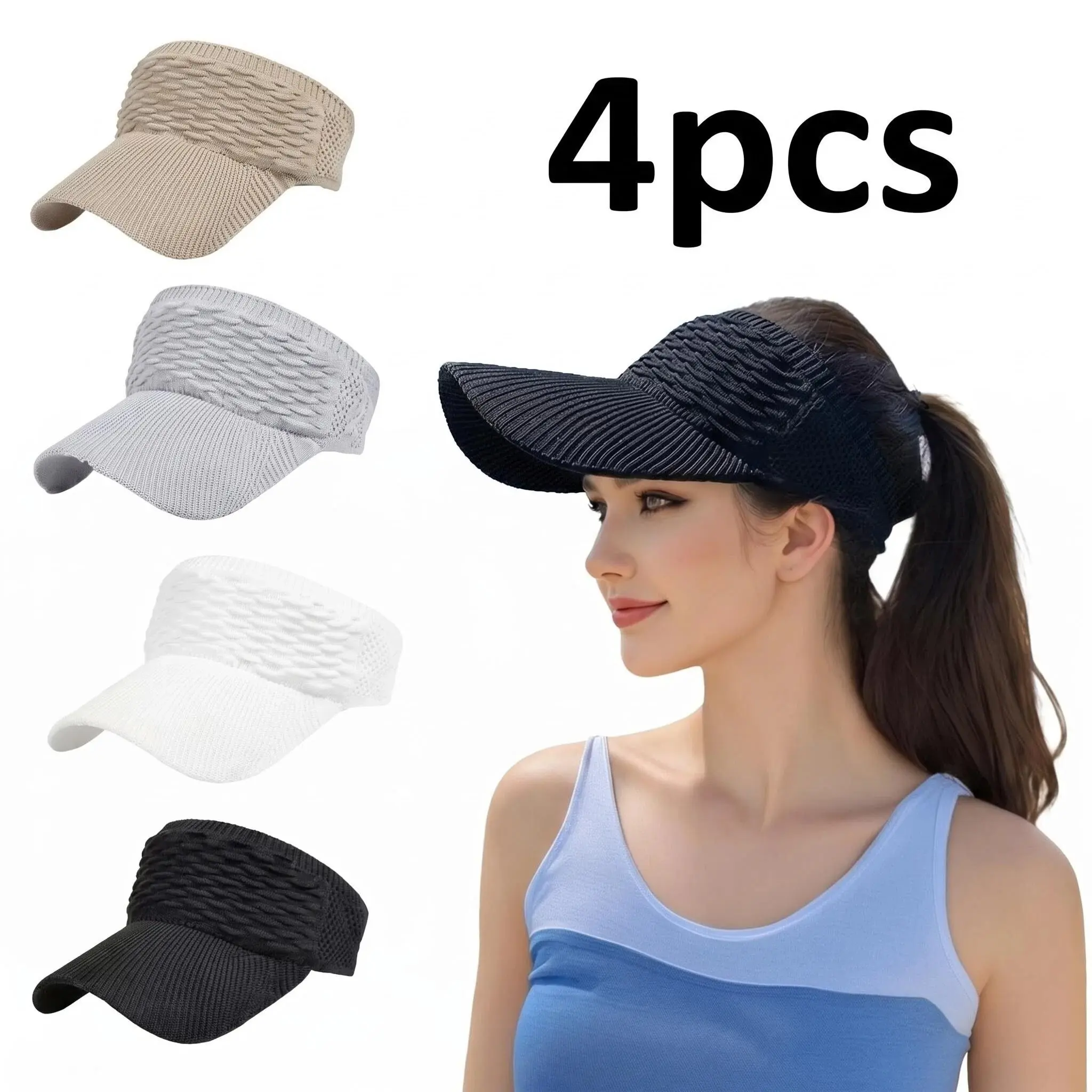 Women's 4-Pcs Open-Top High Ponytail Sun Visor Hats - That Girl Aesthetic Breathable Knit Lightweight Sun Protection Wide-Brim Caps, Accessories for Women, Casual Sports & Outdoor Hats, Ideal for Golf, Perfect Gift, Lightweight Sun Hat, Sun Protection Hat