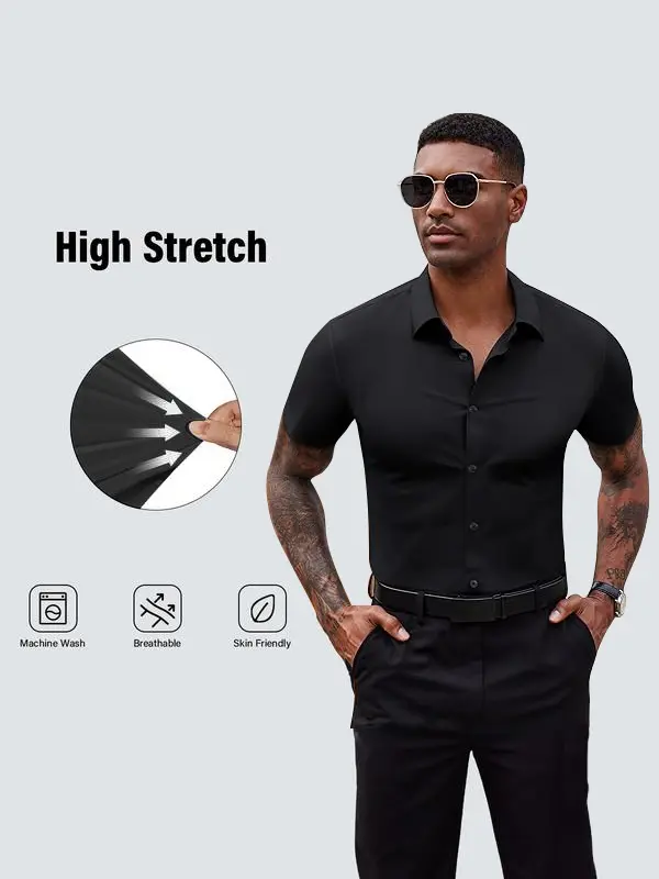 Royaura Men's Slimfit Shortsleeve Button Down Shirt | 4-Way Stretch, Wrinkle-Free & Moisture-Wicking Casual Menswear, Button Down Shirts, Gifts For Him, Valentines Day Outfit, Tops, Button Front