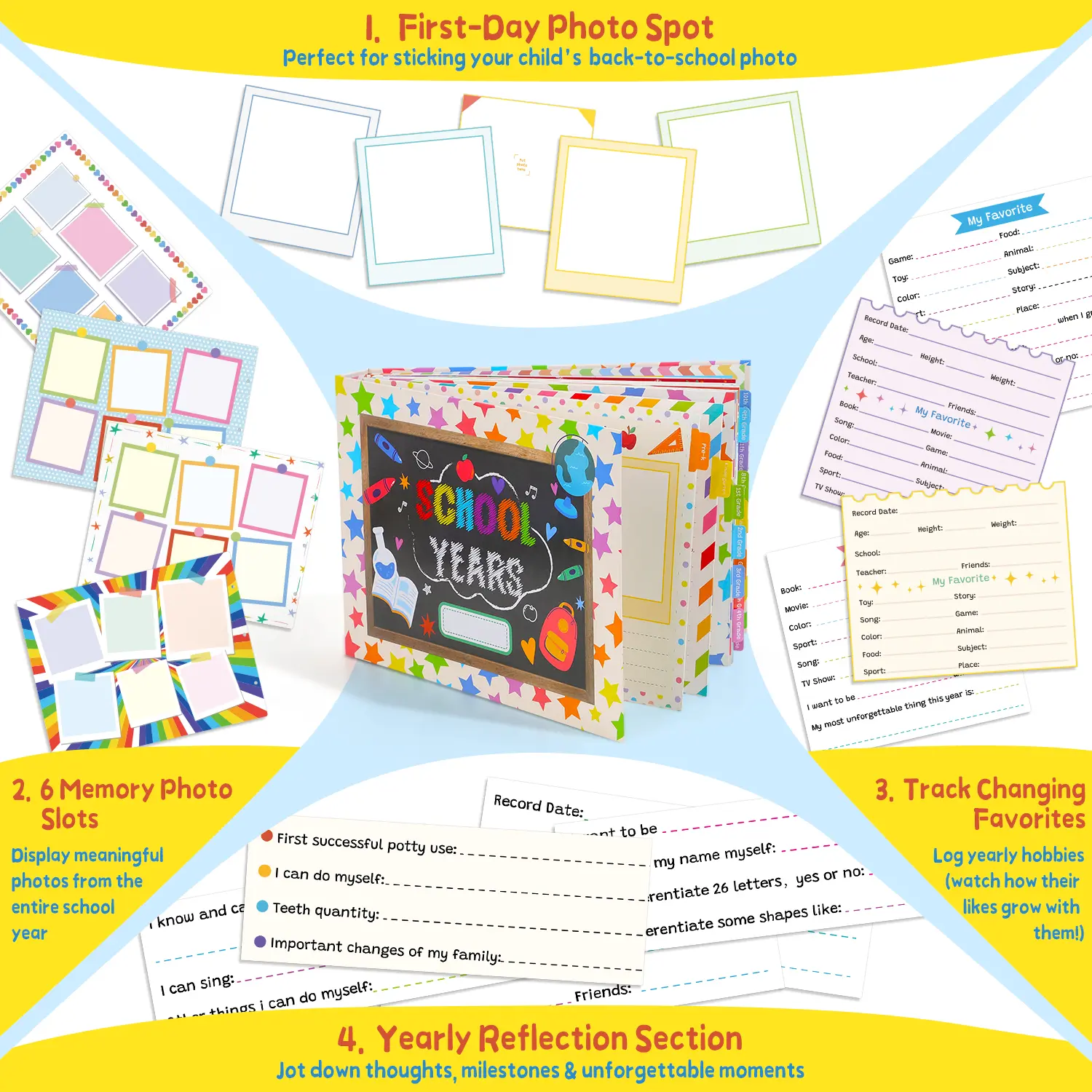 Hardcover Layflat Kids Scrapbooking Album - Unisex DIY Memory Book for Preschool to 12th Grade, 17 Pocket Pages for Photos & Artwork, Halloween/Baby Shower Pages, Index Tabs, Ruler, Interactive Gift-Ready Box