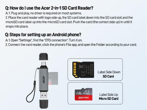 Acer USB C SD Card Reader Dual Slots USB 3.0 Adapter 5Gbps Data Transfer for Laptop PC iPhone16/15 MacBook Pro/Air iPad Pro Android Fast Data Transfer Dual Card Slots Plug and Play Compatibility Acer USB C SD Card Reader Dual Slots USB 3.0 Adapter 5Gbps Data Transfer for Laptop PC iPhone16/15 MacBook Pro/Air iPad Pro Android Fast Data Transfer Dual Card Slots Plug and Play Compatibility