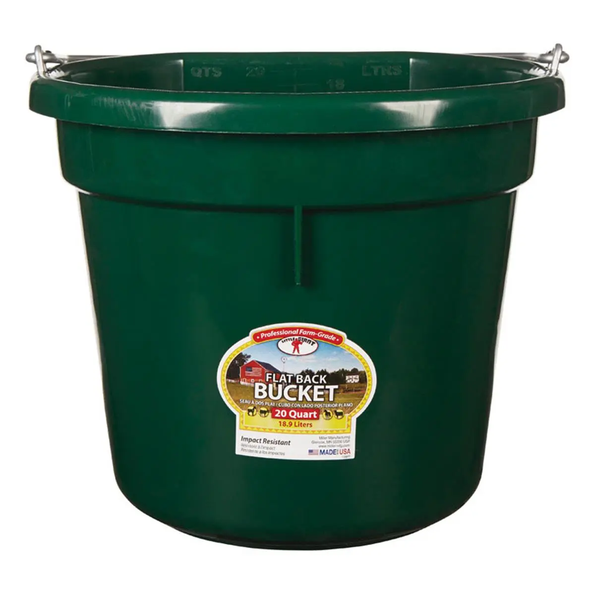 Little Giant 7404056 Heavy-Duty 20 qt. Round Green Plastic Handle Bucket - Flat Back, 11-1/2" Dia, 8-1/2" Height, Ideal for Ranch, Farm Use, Specialty Garden Tool