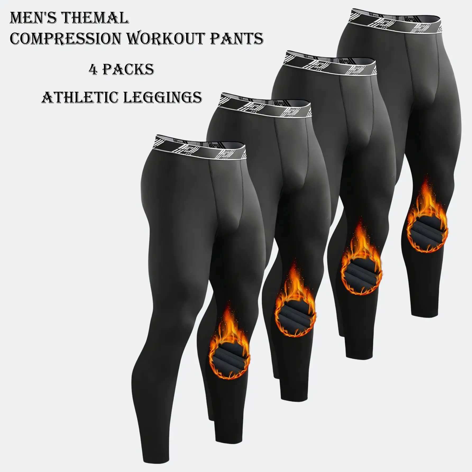 4 Pack Men's Thermal Compression Workout Pants Thermal Compression Pants Fleece Lined Sports Tights Athletic Leggings Workout Cuffed Sweatpants Cold Weather Baselayer Winter Gear For Skiing Hiking Running Gym Football Sports