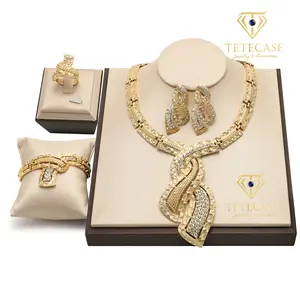 TETECASE 24K Gold Plated Twist Design Jewelry Set | 4pcs Crystal-Embellished Necklace Bracelet Ring Earrings