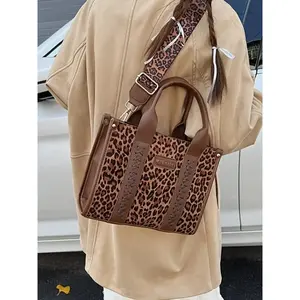 Fashion Leopard Print Corduroy Tote Bag, Large Capacity Multi-Pocket Handbag, Adjustable Shoulder Strap, Winter Casual Commuter PU Bag