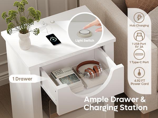 Bestier Nightstands Set of 2 with Charging Station, Modern LED End Table Bedside Table with Drawer for Bedroom, Living Room