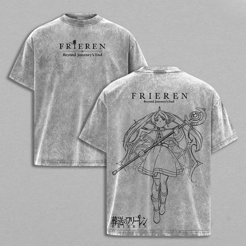 Frieren Tee Washed – Frieren Beyond Journey’s End Vintage Washed Heavy Cotton Oversized Anime Manga Hoodie T-Shirt, Double Printed Retro Unisex Streetwear Graphic Top, Fantasy Healing Journey Edition, Japanese Anime Merch