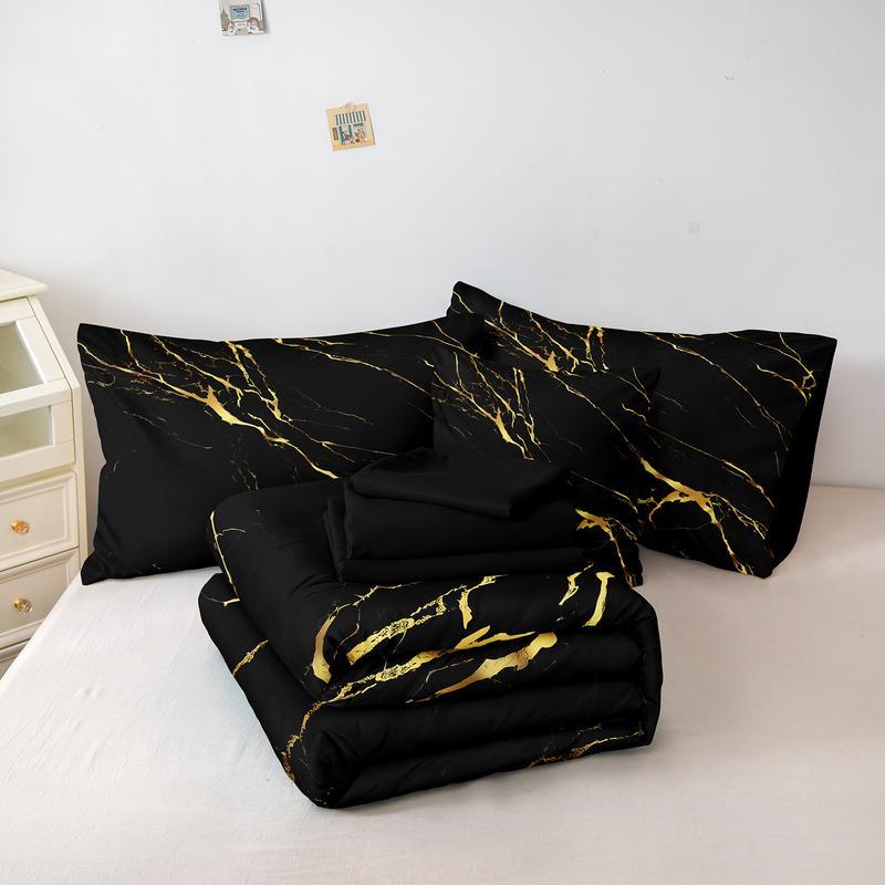Black Marble Comforter Set Queen Size 8 Pieces Bed in a Bag Gold Metallic Marble Design Bedding with 1 Comforter, 4 Pillowcase, 1 Flat Sheet, 1 Fitted Sheet, 1 Cushion Cover