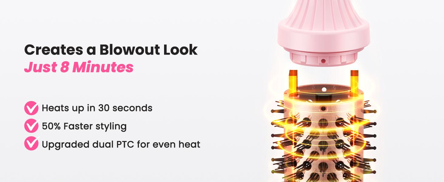 【2026】Thermal Brush for Blowout Look , 6 Heat Settings,Airflow Heat & Dual PTC Technology, Dual Voltage, 1.5 Inch Heated Round Brush with Negative Ions, Salon Smooth Hair, Less Frizz, Travel-Friendly, Pink