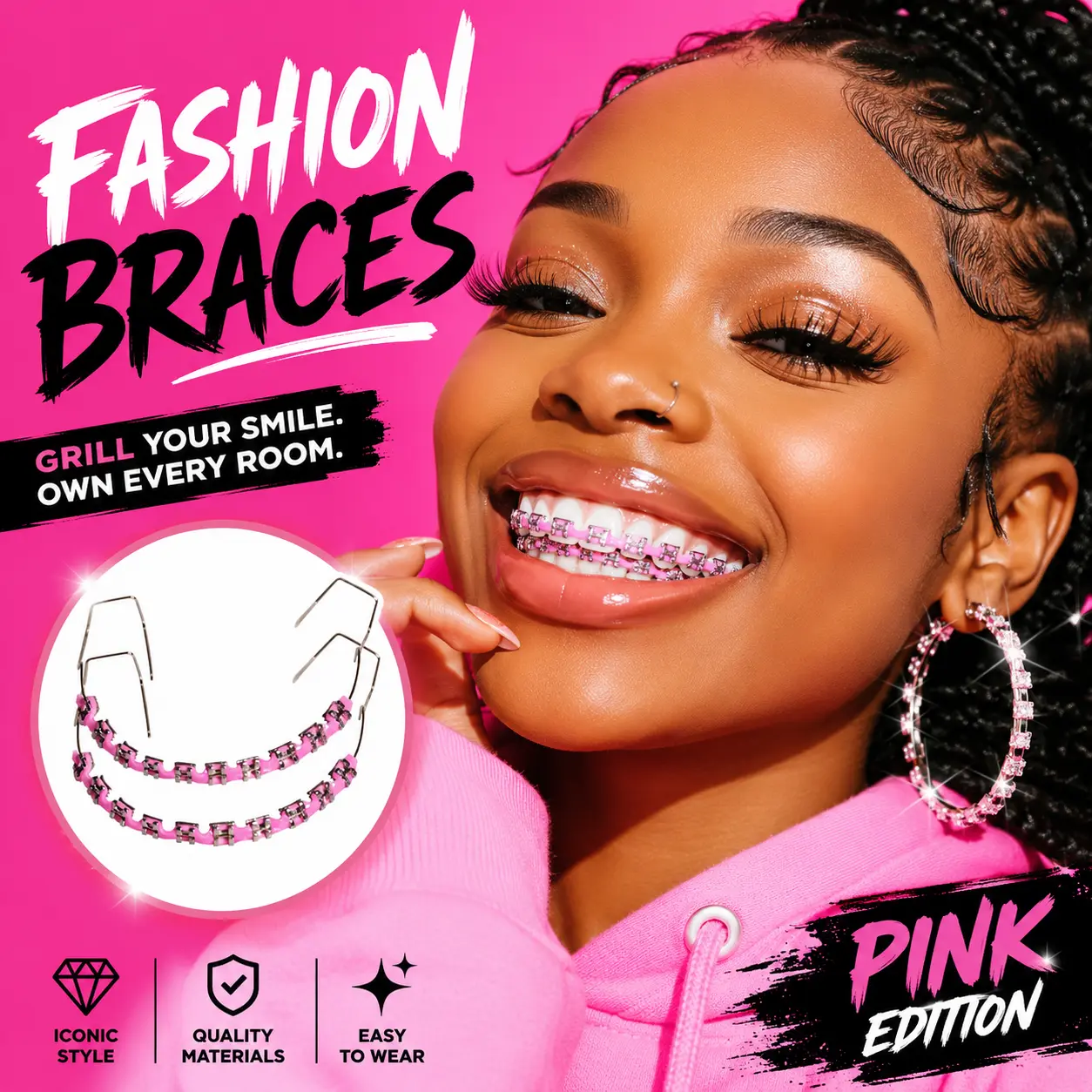 Temporary Colorful Teeth Brace 1-Pair Pack - 1in Dental Accessory with Metal Wires, Metal Brackets, High-Quality Ligature Ties, Ball Hook, Tooth Gems, Smoothing Feature for Oral Fashion, Accurate Dimensions