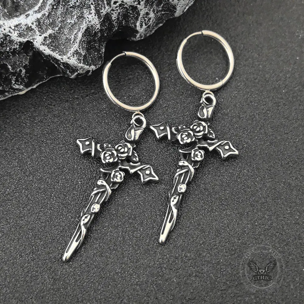 GTHIC 38*22 mm 5.8 g Gothic Forbidden Rose Cross Stainless Steel Hoop Earrings, Vintage Gothic Accessory for Daily, Evening Casual Outfits or Birthday Gifts