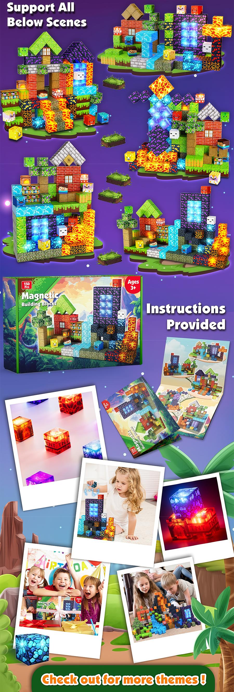 Magnetic Blocks-150PCS Magnetic Building,Light Up Magnet Cubes, Portal Dinosaur Red BrickSTEM Montessori Sensory Toys for Kids Boys Girls Ages 3+ Christmas Birthday