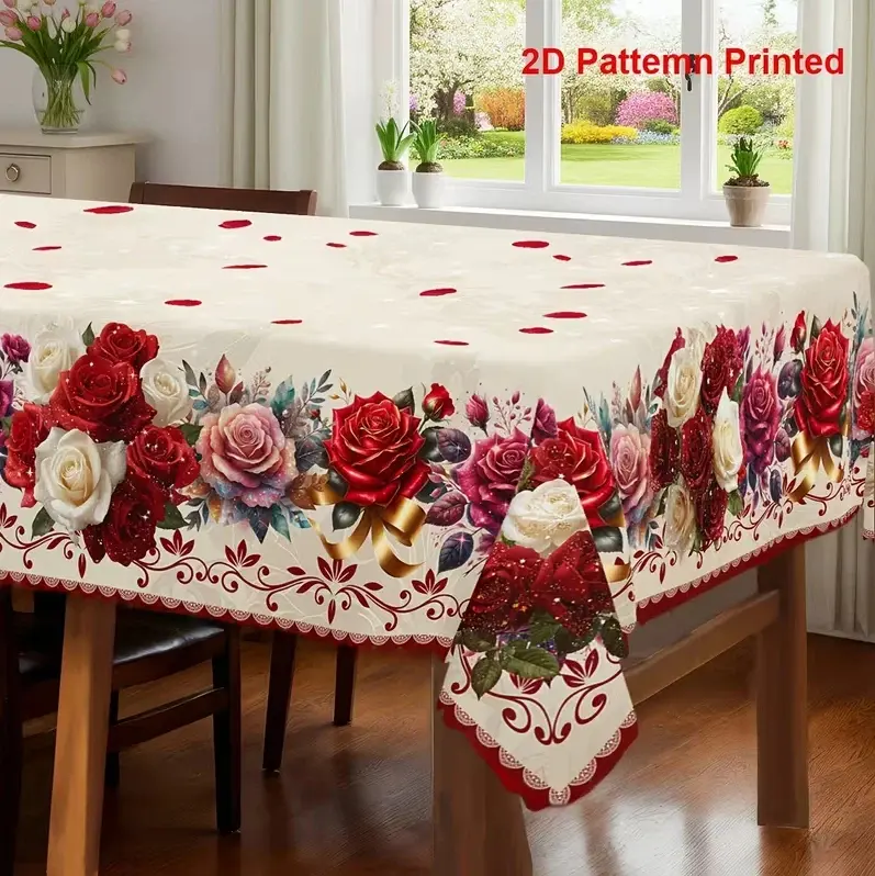 Disposable Rectangular 2D Vintage Colorful Rose Print Polyester Tablecloth - Snowflake Design for Outdoor Indoor Dining, Valentine's Day Party, Restaurant Decoration & Atmosphere Enhancement, Flowers