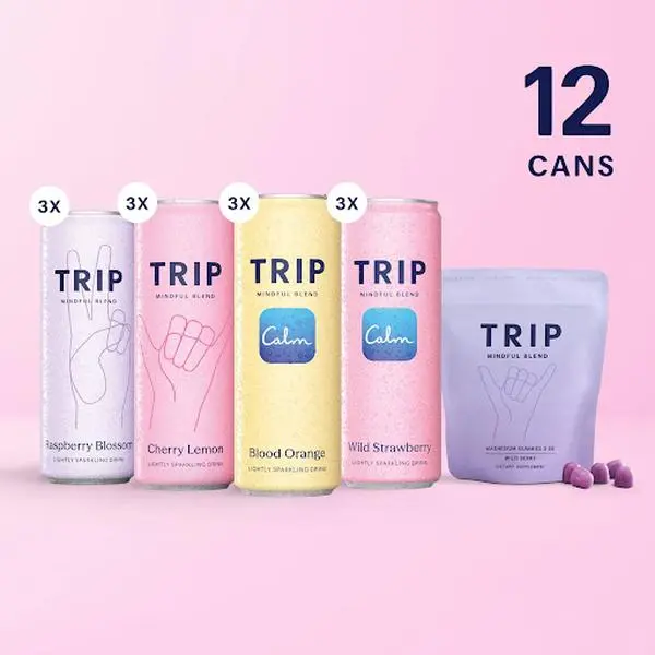 TRIP Ultimate Calm Bundle: 12-Pack Citrus Berry Variety Drinks + Wild Berry Magnesium Gummies (90-Day Supply) – Ashwagandha, Lion’s Mane, L-Theanine, Sugar, Vegan