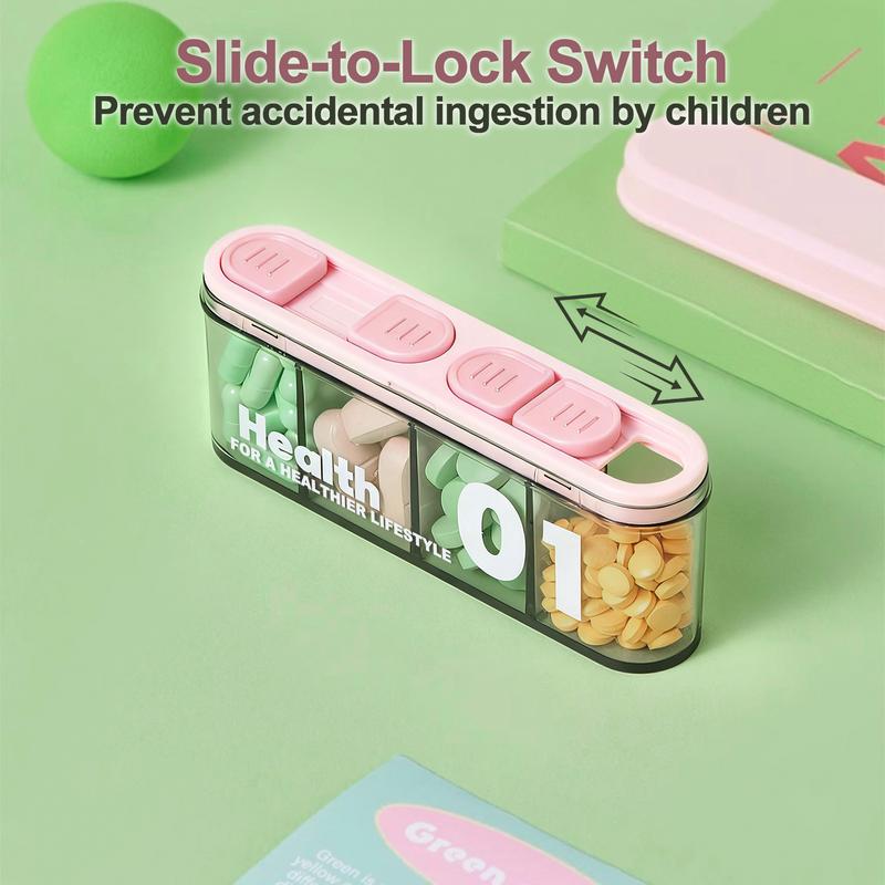 [Free!!ship] BMTWE Mini 4 Compartments Pillbox 4 PCS Portable Medication Holder Transparent Dual Sliding Self-Locking with Hanging Chain for Travel Business Outdoor Office Home