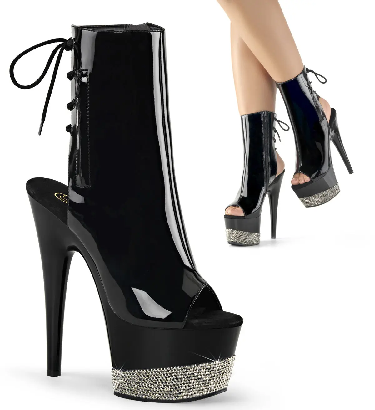 Pleaser Adore-1018-3 Women's Elegant Open Toe Platform Ankle Boot, 7" Stiletto Heeled Shoe with Lace-Up Back and Rhinestone Details