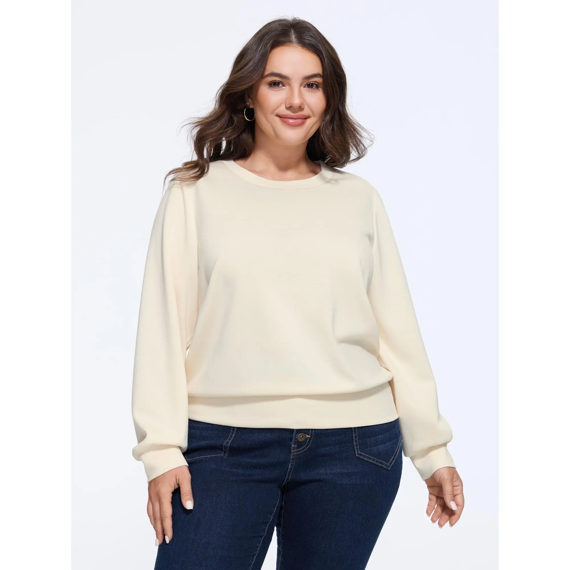 BLOOMCHIC Lady's Basic Casual Supersoft Solid Crew Neck Spandex Garment Plus Size Sweatshirt [M-6X], Summer Finds