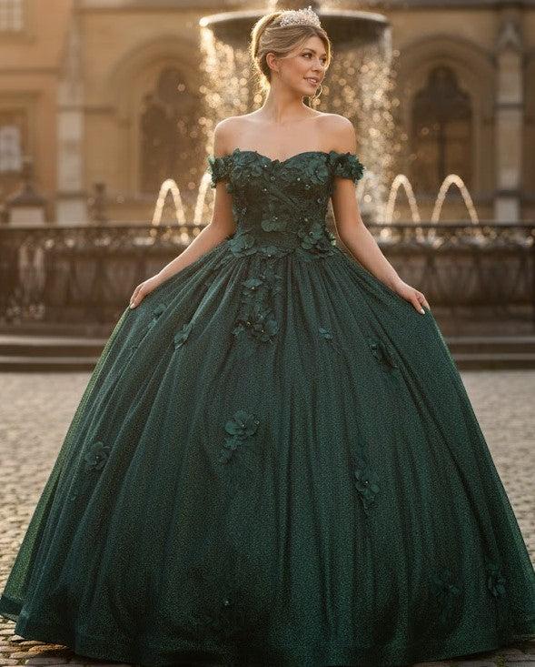 Off Shoulder Floral Applique Corset Ball Quince Dress