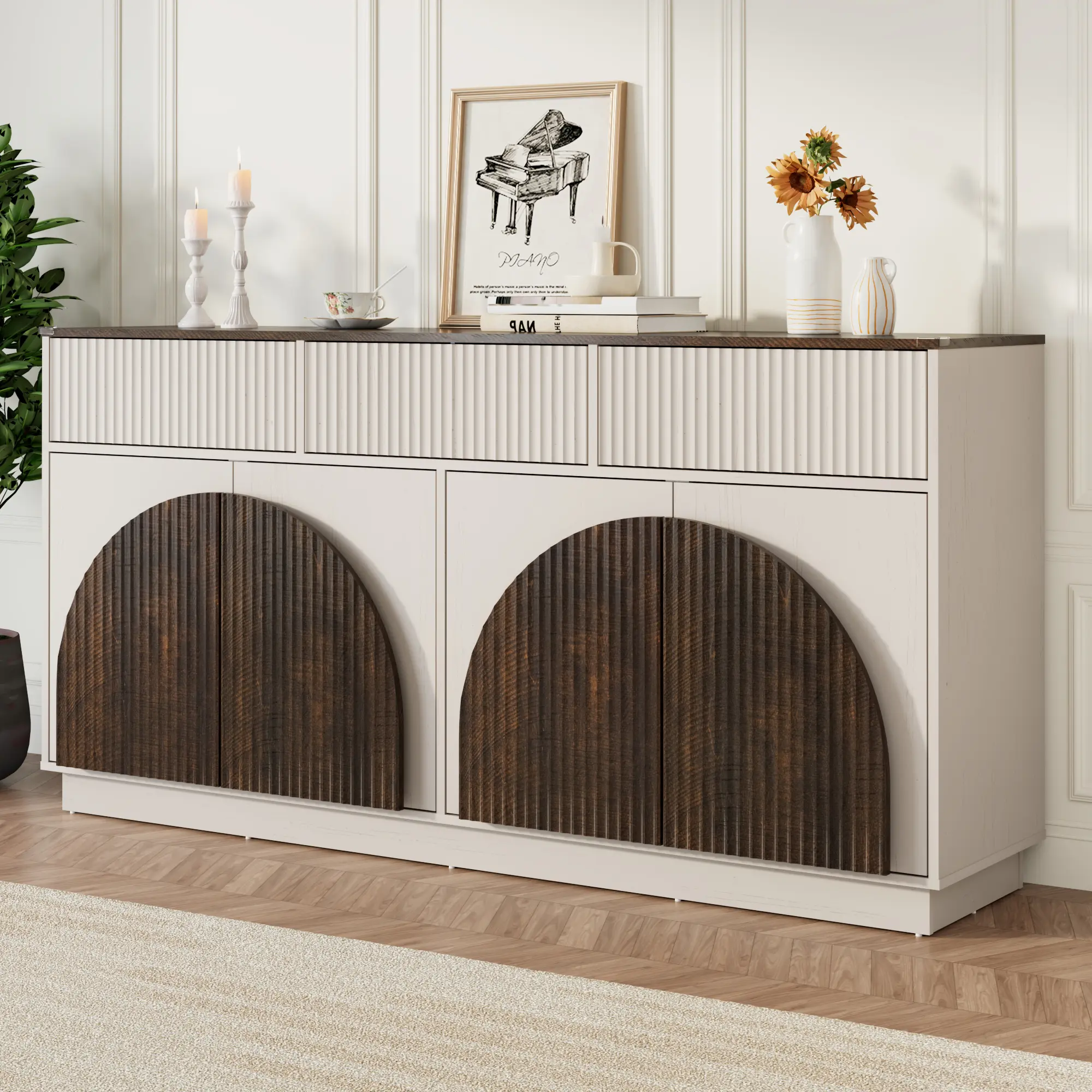 65" Large Size Fluted Storage Cabinet - Modern Wood Buffet Cupboards with 3 Drawers & 4 Drawers and Cabinets, Arched Credenza for Kitchen, Dining Room, Entryway