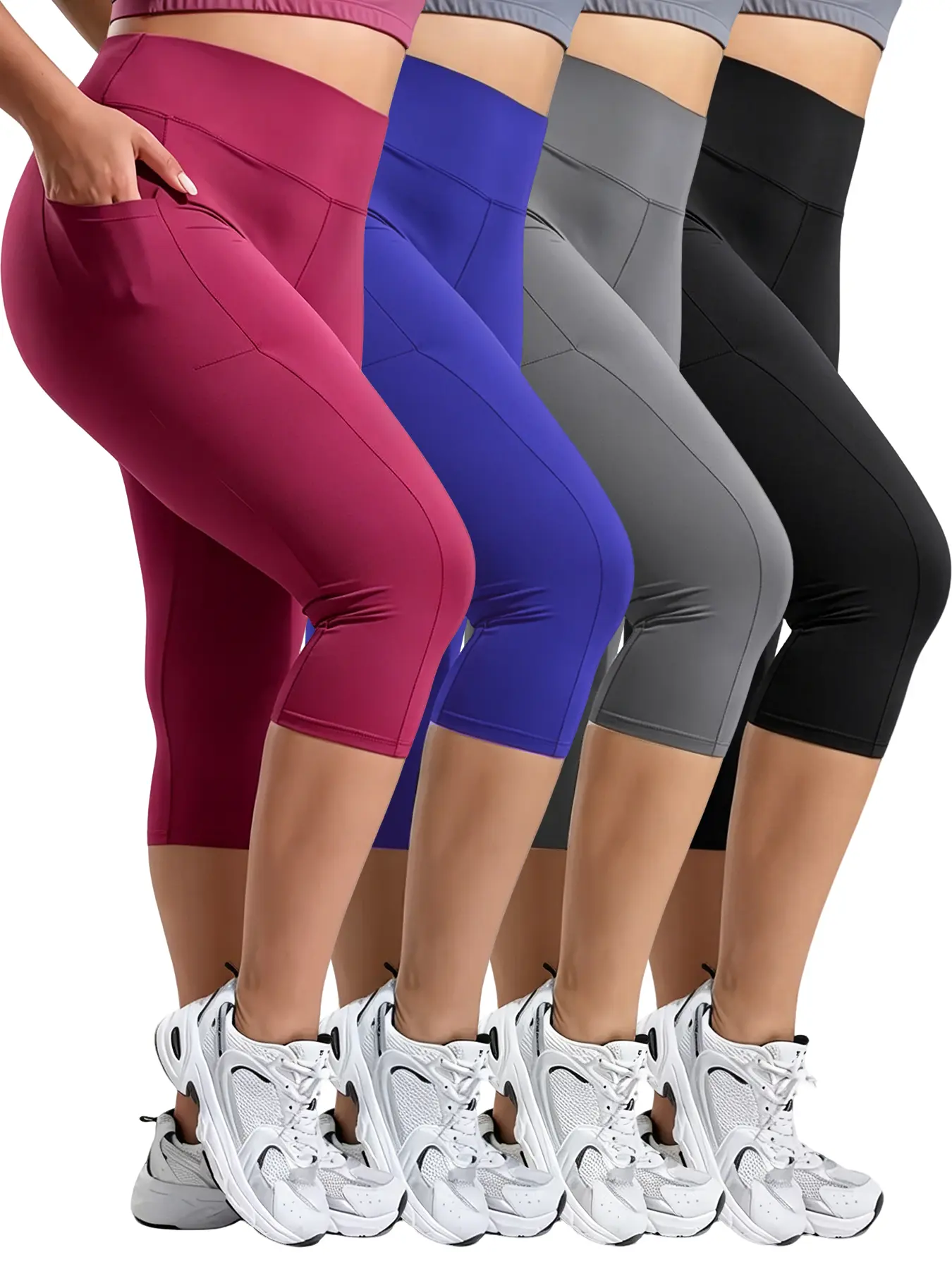 Womens 4 Pack High Waist Tummy Control Capri Pants, Soft Stretchy Elastic Waist, Moisture Wicking Breathable, Anti-Chafe Black Grey Blue Red