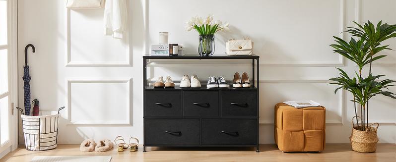 Sweet Furniture S -  Dresser TV Stand, Entertainment Center with 5 Fabric Drawers, Media Console Table for TV with Open Storage Shelf Dresser