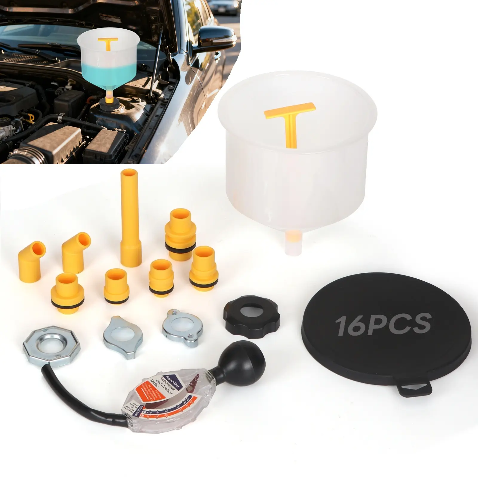 Spill-Free Coolant Funnel Kit with Antifreeze Tester - 16pcs No-Mess Radiator Bleeding & Refill Set - Universal Adapters for Ford, GM, Honda, Toyota - Car Winterizing Tool for Air Pocket Removal, Plastic, 4 Cap Styles