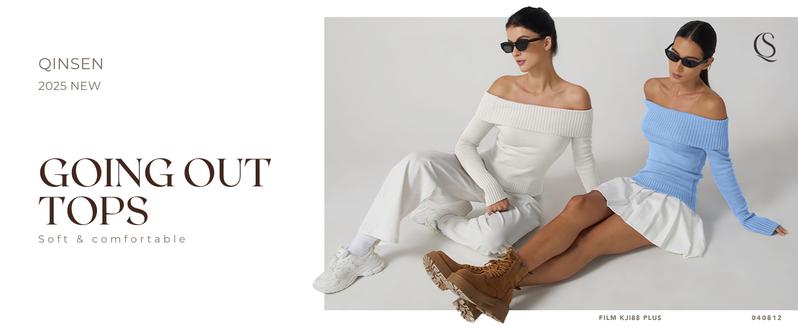 QINSEN Cotton Off The Shoulder Sweater for Women Long Sleeve Ribbed Knit Pullover Sweater Slim Fit Going Out Tops