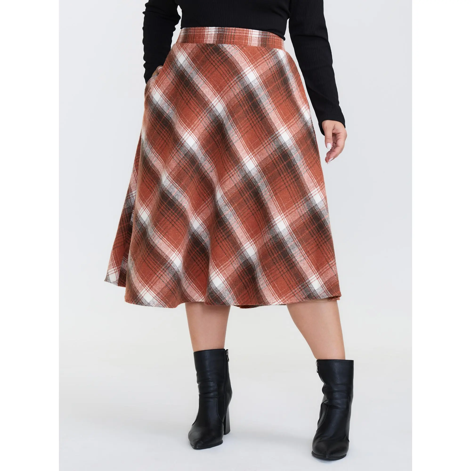 BloomChic Women's Plus Size Retro Pumpkin Plaid Midi Skirt, Cotton Polyester Blend Bodycon Fit with Low Stretch and Pockets, Bottoms, Midi Skirts, Smooth, Garment, Halloween, Cold Wash, Cotton Blend, Machine Wash, Capri, Plus Size Skirts