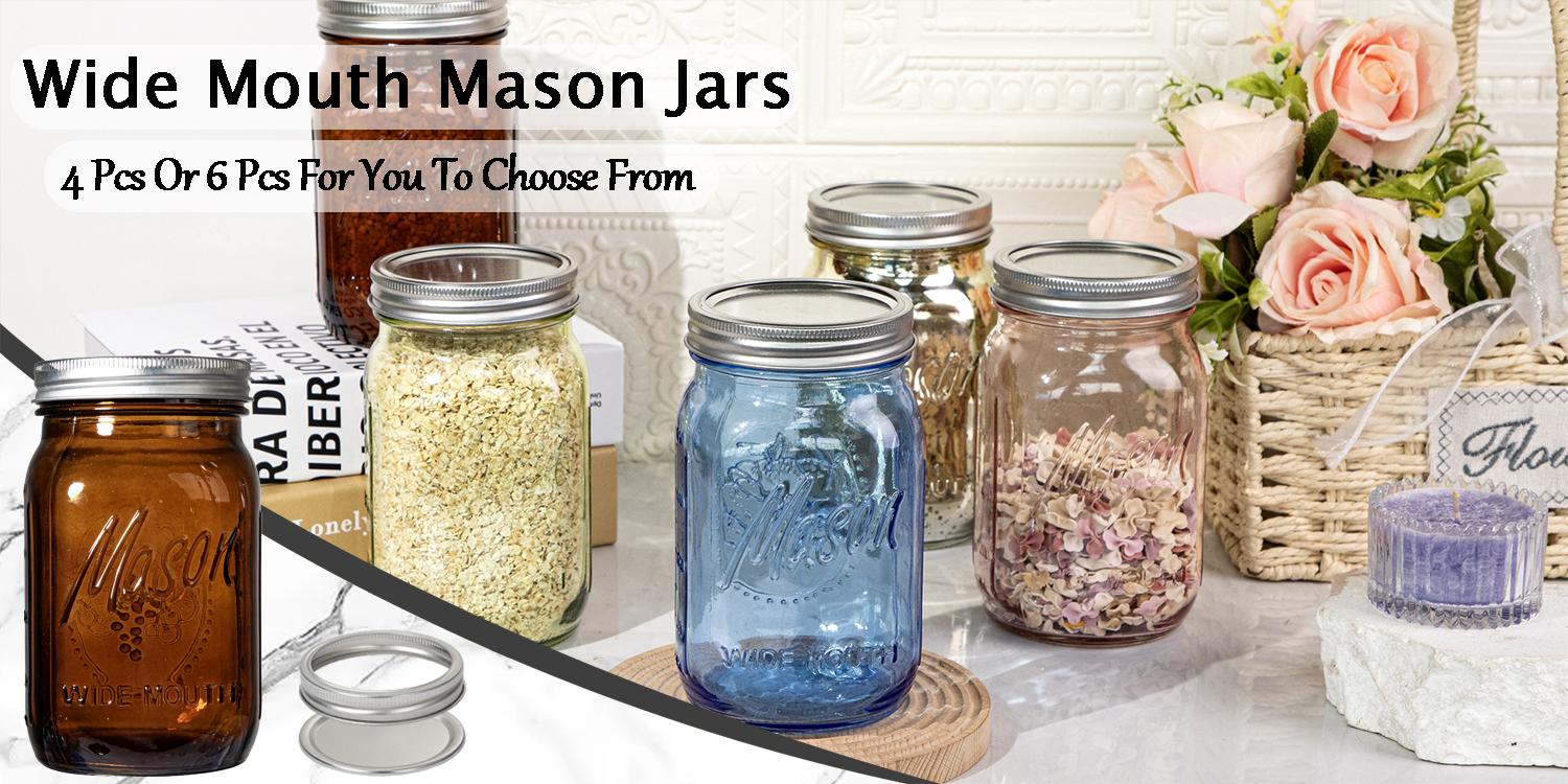 4/6 Pack 32 oz Gold/ Pink/ Blue/ Green/ Amber Wide Mouth Mason Jars for Pickling, Canning, Fermenting and Food Storage For Storing All kinds of Food