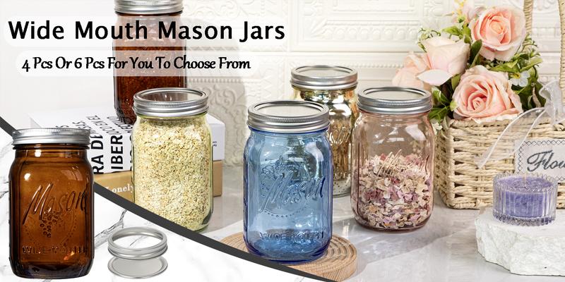 4/6 Pack 32 oz Gold/ Pink/ Blue/ Green/ Amber Wide Mouth Mason Jars for Pickling, Canning, Fermenting and Food Storage For Storing All kinds of Food 4/6 Pack 32 oz Gold/ Pink/ Blue/ Green/ Amber Wide Mouth Mason Jars for Pickling, Canning, Fermenting and Food Storage For Storing All kinds of Food