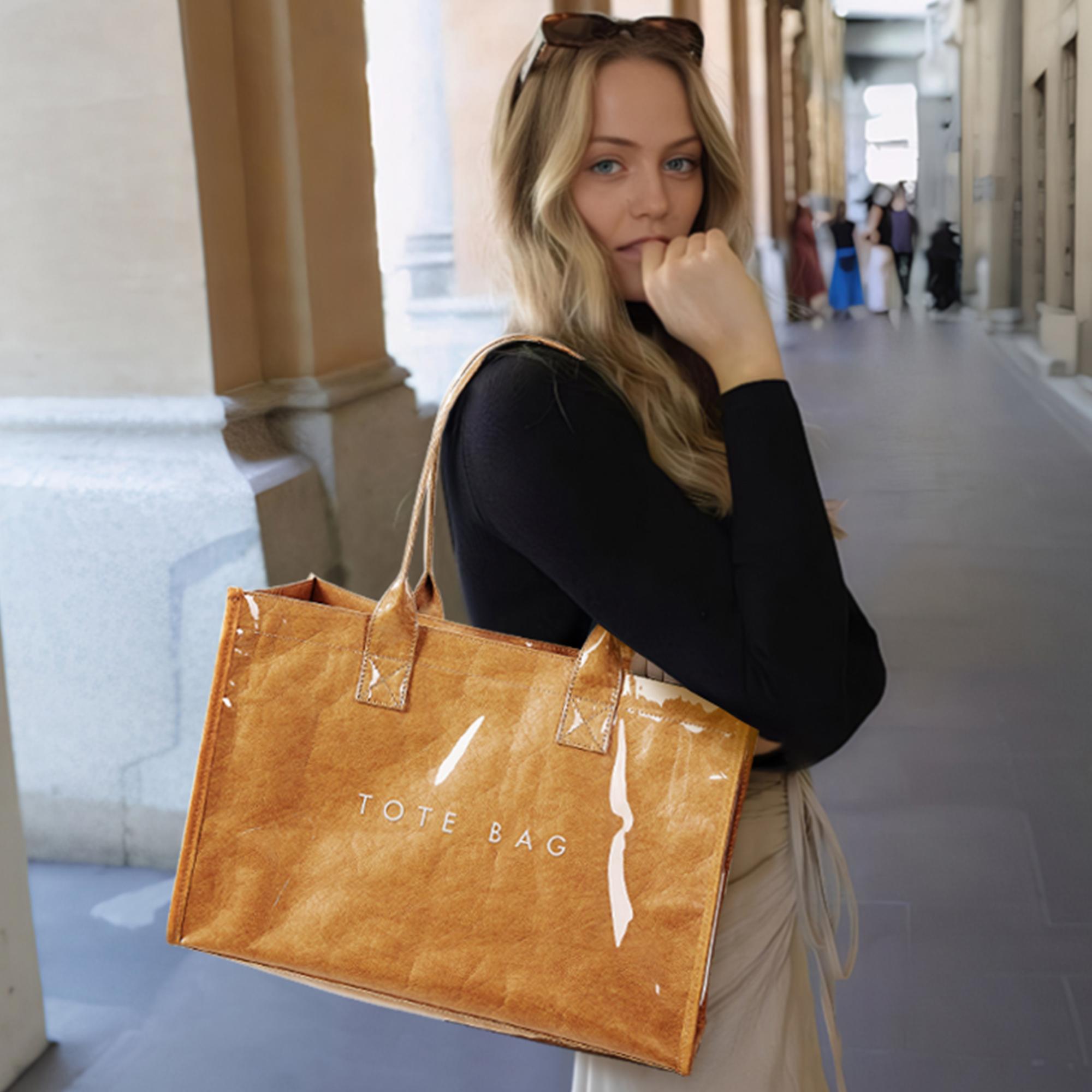 KALIDI PVC Tote Bag for Women, Waterproof Large Capacity Work & Beach Tote, Kraft Paper Shoulder Handbag with Top Handle for Travel & Everyday Use