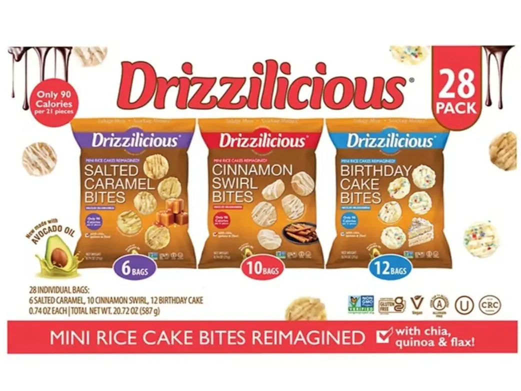 Drizzilicious Mini Rice Cake Bites Variety Pack - Salted Caramel, Cinnamon Swirl, & Birthday Cake (28 Pack, 0.74 oz. Each)