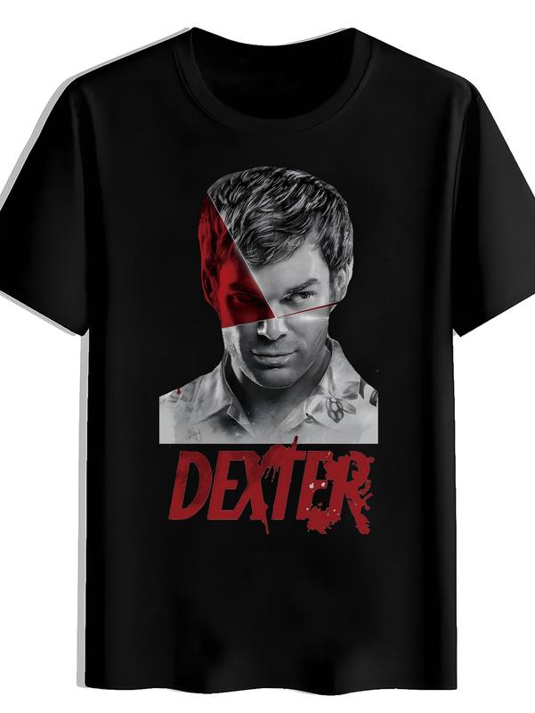 Men's Short Sleeve Summer Tee - Casual Round Neck - Dexter TV Show Graphic T-Shirt - Blood Splatter & Red Lettering Design - For Fans - Gifts for Dexter Enthusiasts