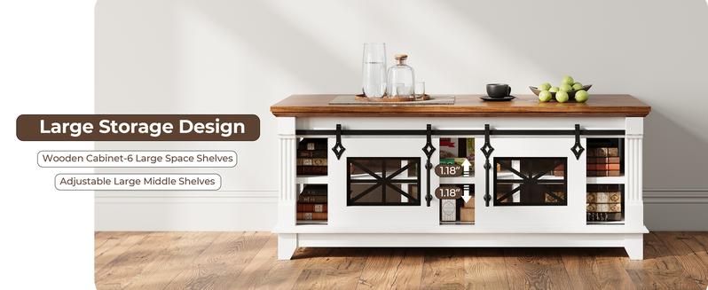 IRONCK 48'' Coffee Table with Sliding Barn Doors, Rustic Center Table with 6 Large Storage Space, Glass Doors and Adjustable Middle Shelf, Farmhouse Coffee Tables for Living Room