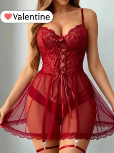 RSLOVE Valentine's Day Women's Lace Babydoll with Corset Bra & Leg Rings - Soft Satin Lingerie Set for Elegance & Comfort Womenswear lingerie set